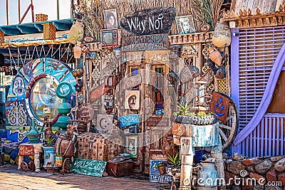 20/11/2018 Dahab, Egypt, an incredibly colorful facade with a large number of different things on the promenade Editorial Stock Photo