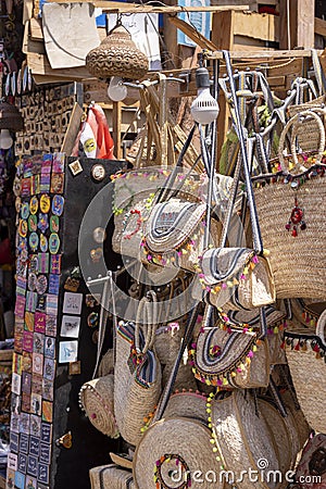 Oriental, natural, hand woven decorative bags in shop on main promenade in town on the Red Sea on the Sinai Peninsula, Dahab, Editorial Stock Photo