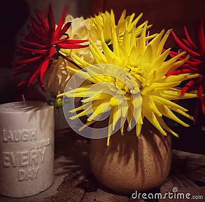 Dahlia bouquet with interesting candle quote: laugh a little Stock Photo