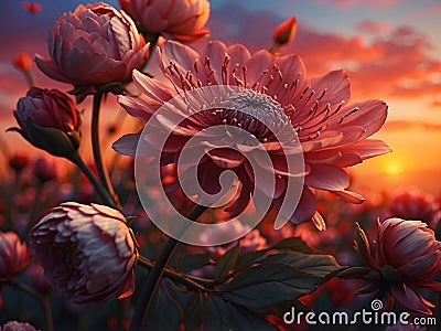 Dahlia flower in the garden at sunset. Nature background. Stock Photo