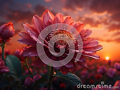 Dahlia flower in the garden at sunset. Nature background. Stock Photo