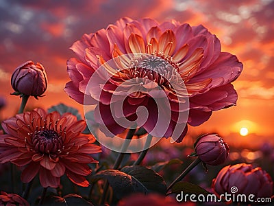 Dahlia flower in the garden at sunset. Nature background. Stock Photo