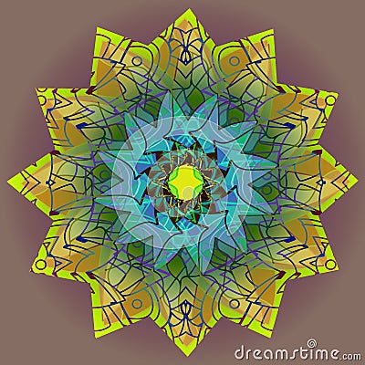 DAHLIA MANDALA FLOWER. PLAIN OLIVE BACKGROUND. COLORFUL DESIGN. CENTRAL FLOWER IN YELLOW, GREEN, BLUE, VIOLET, BROWN Stock Photo