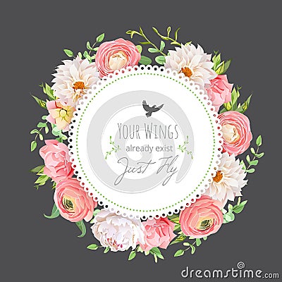 Dahlia, ranunculus, peony, rose, carnation, green plants round v Vector Illustration