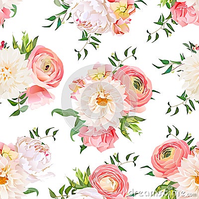 Dahlia, ranunculus, rose and peony seamless vector pattern Vector Illustration