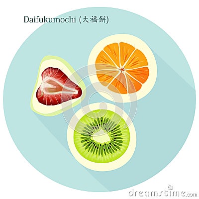 Daifukumochi or Daifuku `great luck`, Japanese confection consisting of a small round mochi glutinous rice cake stuffed Vector Illustration