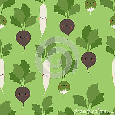 Kawaii Cartoon Daikon and Radish. Vector Illustration