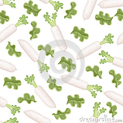 Daikon white radish with green leaves and lettuce seamless pattern flat vector illustration on white background Cartoon Illustration