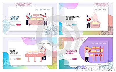 Dairy Factory Cheese Production Flowchart Website Landing Page Set. Milk Pasteurization Coagulation Pressing Waxing Vector Illustration