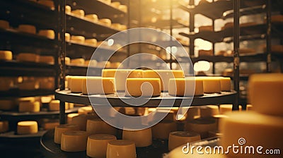 Dairy factory yellow traditional agriculture production cheese milk food shelves storage farm Stock Photo