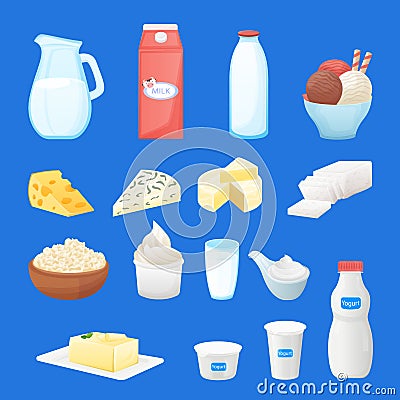 Dairy farm fresh products set. Vector cartoon healthy food illustration. Milk, cottage cheese, yogurt, butter icons Vector Illustration