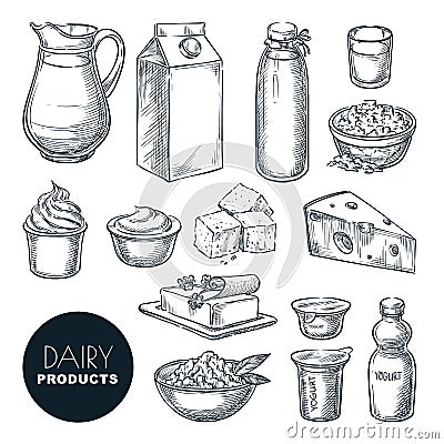 Dairy farm fresh products set. Vector hand drawn sketch illustration. Milk bottle, cottage cheese, yogurt, butter icons Vector Illustration