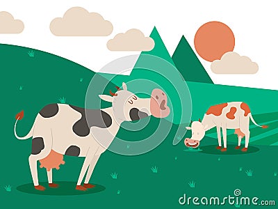 Dairy farm and a herd of cows on a beautiful summer landscape. Cow eating grass. Vector illustration. Domestic animal Vector Illustration