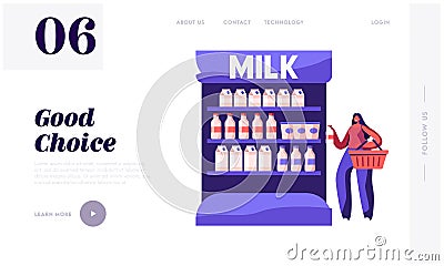 Dairy Farm Production Purchase in Store Website Landing Page. Young Woman Stand at Supermarket Shelf Holding Milk Bottle Vector Illustration