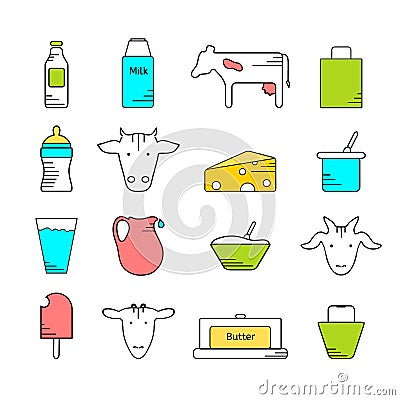 Dairy icons colored set Vector Illustration