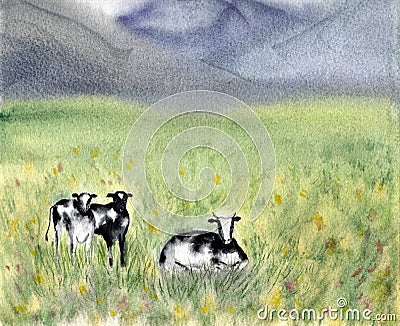Dairy Pasturing Holstein Friesian black and white cows in a grassy field. Summer Rural scene. Alpine background. Watercolor Cartoon Illustration