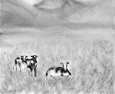 Dairy Pasturing Holstein Friesian black and white cows in a grassy field. Summer Rural scene. Alpine background. Watercolor Cartoon Illustration