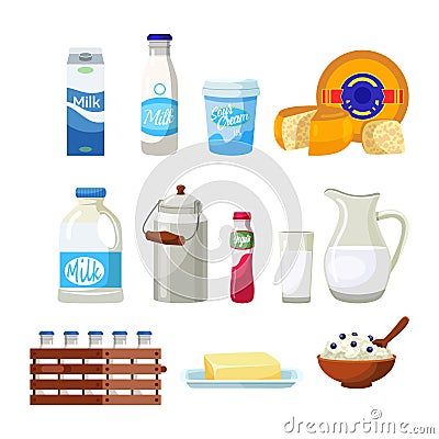 Dairy product set isolated on white background Vector Illustration