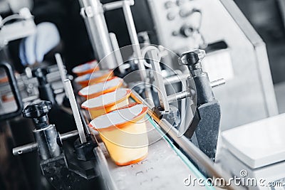 Dairy production, bottle of yoghurt on automated conveyor line, process of milk filling and packaging Stock Photo