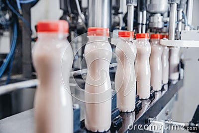 Dairy production, bottle of yoghurt on automated conveyor line, process of milk filling and packaging Stock Photo