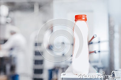 Dairy production, bottle of yoghurt on automated conveyor line, process of milk filling and packaging Stock Photo