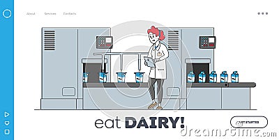 Dairy Production Quality Control on Plant Landing Page Template. Factory Worker Character at Conveyor Belt with Milk Vector Illustration