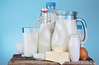 Dairy products assortment on old wooden table Stock Photo