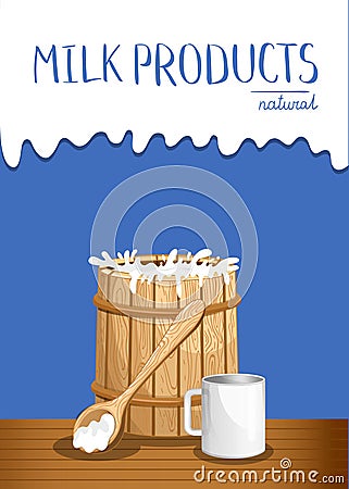 Dairy products banner with milk wooden barrel Cartoon Illustration