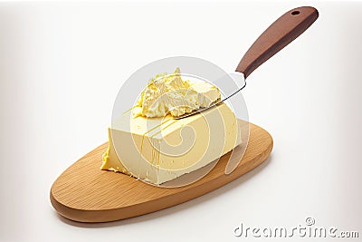 Dairy products on board in form of cut with knife butter curl Stock Photo