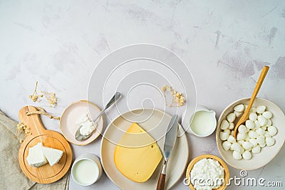 Dairy products border background. Milk, cheese and cottage cheese on table. Top view from above Stock Photo