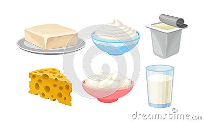 Dairy Products In Different Plates And Packages Vector Illustration Set Isolated On White Background Vector Illustration