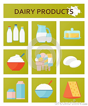 Dairy products flat set. Vector illustration. Vector Illustration