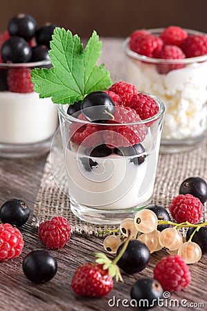 Dairy products with fresh berries. Cottage cheese, yogurt and sour cream in small glasses with berries. Stock Photo