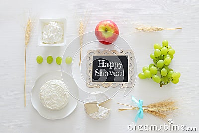 dairy products and fruits. Symbols of jewish holiday - Shavuot Stock Photo