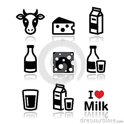 Dairy products - milk, cheese vector icons set Vector Illustration