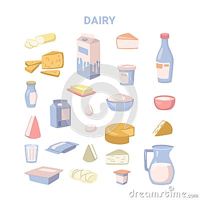 Dairy products, milk and hard cheese cartoon set Vector Illustration