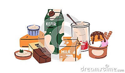 Dairy products, production, food and drink. Milk, kefir, cheese, butter, sour cream, sweet icecream, milkshake cocktail Vector Illustration