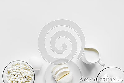 Dairy products for proteic meal on white background top view mock up Stock Photo