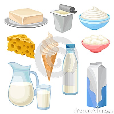 Dairy products set, butter, yogurt, bowl of sour cream and cottage cheese, ice cream, jug and glass of milk and cheese Vector Illustration