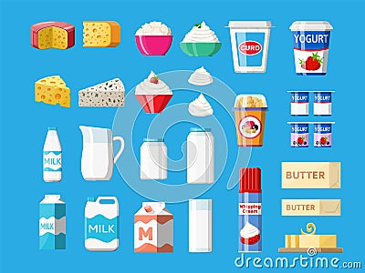 Dairy products set. Collection of milk food. Vector Illustration