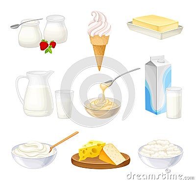 Dairy Products with Sour Cream in Bowl, Cheese and Yogurt Vector Set Vector Illustration