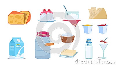 Dairy products. White milk containers, cheese slices, butter brick, bowls of yogurt and ice cream. Vector set of cartoon Vector Illustration