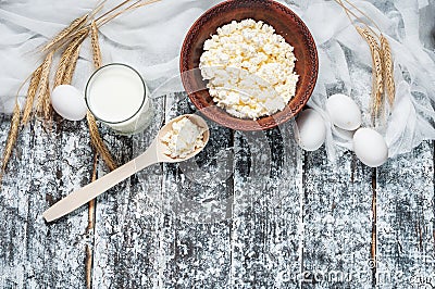 Dairy products on wooden table. Milk, cheese, egg. Top view with copy space Stock Photo