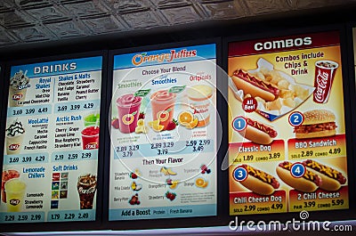 Dairy Queen and Orange Julius menu board Editorial Stock Photo