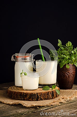 Dairy starter culture for the preparation of fermented milk products, yogurt, kefir with a copy space on a wooden cut Stock Photo