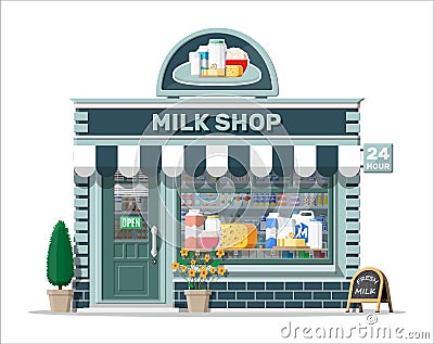 Dairy store or milk shop with signboard, awning. Vector Illustration