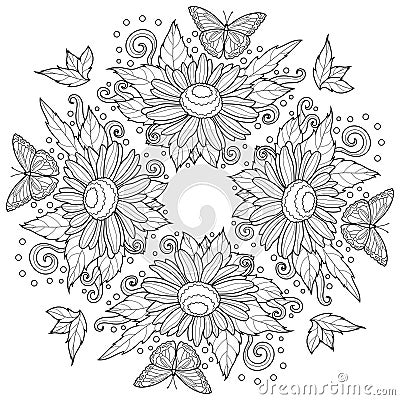 Daisies and butterflies. Symmetrical pattern.Coloring book antistress for children and adults. Vector Illustration