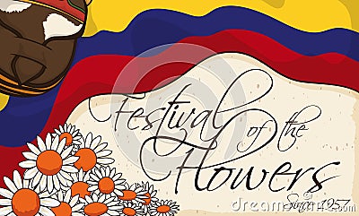 Daisies, Carriel and Colombian Flag over Scroll for Flowers Festival, Vector Illustration Vector Illustration