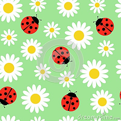 Daisies and ladybugs seamless pattern. Vector illustration on green background Vector Illustration