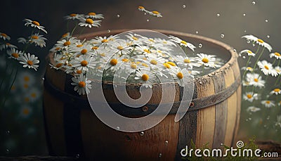 Daisies in a large rustic wooden barrel filled with water. Tincture, decoction, traditional medicine. Photorealistic drawing Stock Photo